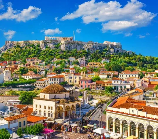 The Acropolis above the Plaka neighborhood in Athens, Greece
