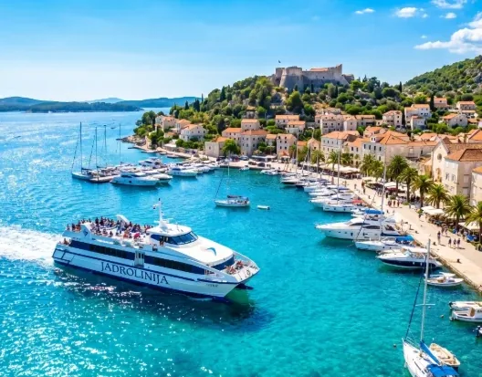 Hvar town harbor with boats and the fortress above, Hvar Island, Croatia
