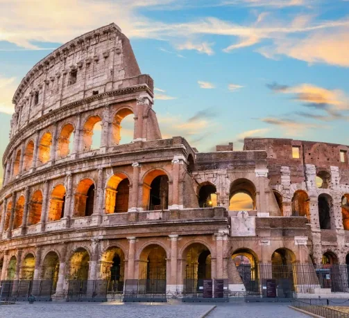 The Colosseum at sunset in Rome, Italy